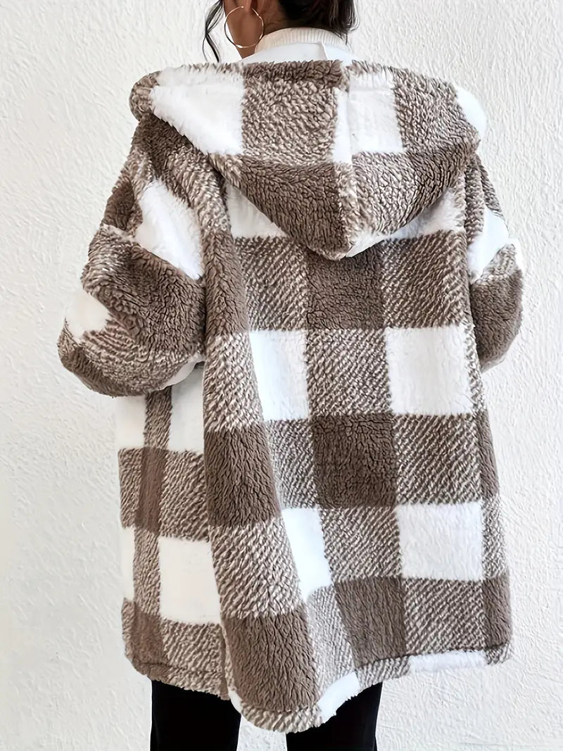GR | Kariert Teddy Hoodie Jacke | Warm und Bequem für den Winter