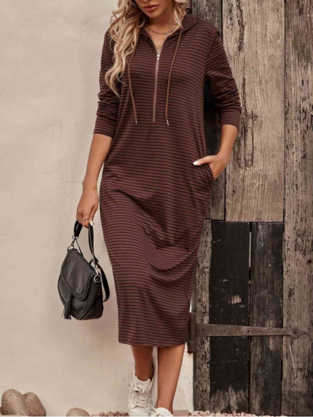 GR | Striped Zip-Front Hooded Dress