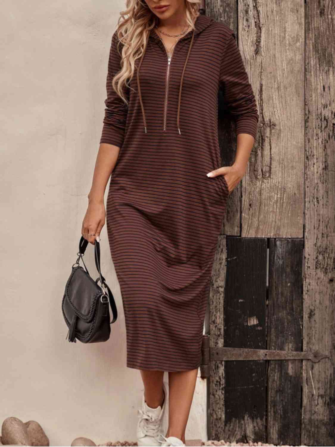 GR | Striped Zip-Front Hooded Dress