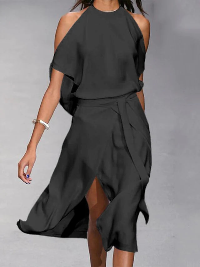 GR | Midi Kleid Off Shoulder Wickelstil Mit Frontschlitz Elegante Fließende Passform