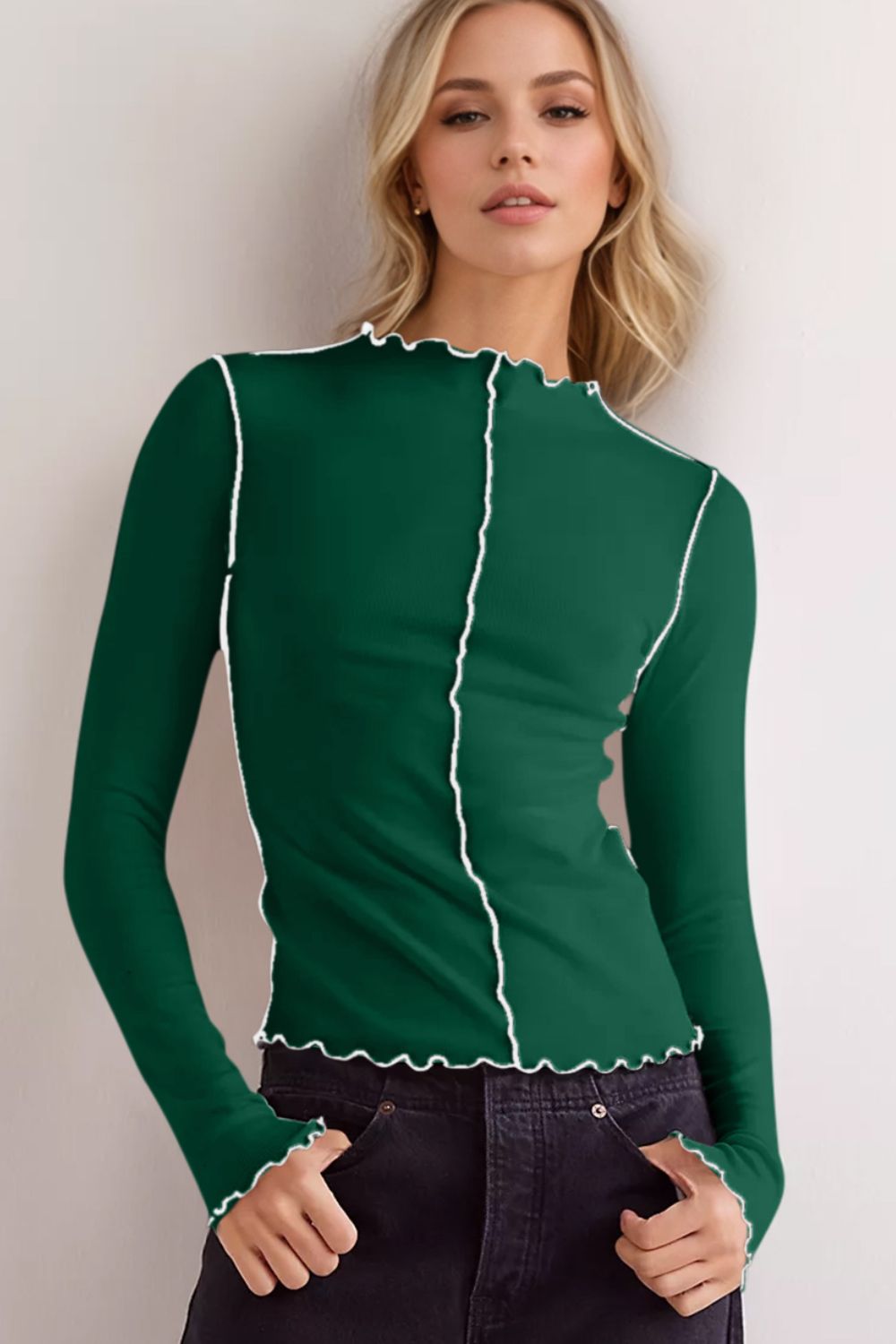 GR | Basic Bae Kontrastbesatz Mock Neck Langarm T-Shirt