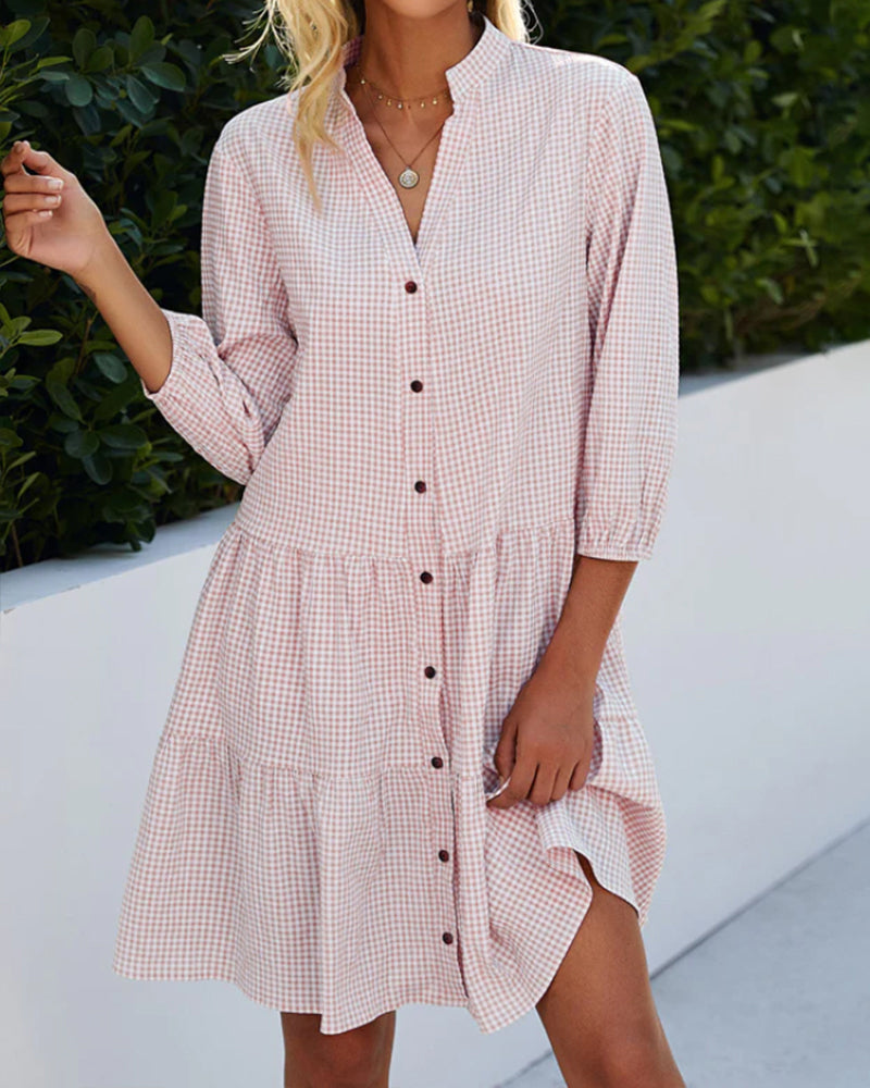GR - Checked A-line dress with button placket for women | resembles a shirt dress