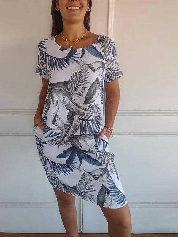 GR | Damen Bedrucktes Baumwoll- und Leinenkleid