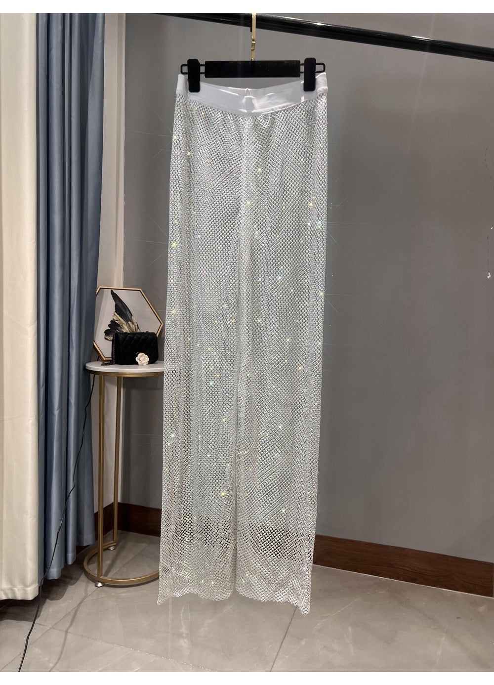 GR | Rhinestone Straight Mesh Wide Leg Slim Fit Flattering Mop Pants