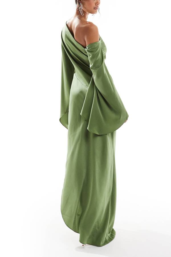 GR | Zayla Satin Asymmetrical One Shoulder Bell Sleeve Slit Maxi Dress 