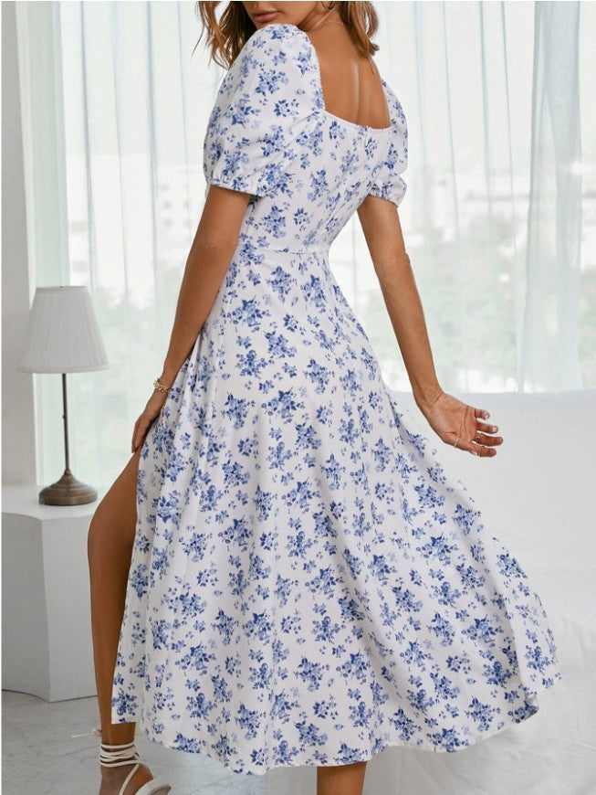 GR | Floral dress with tied front, puff sleeves, roses, center front