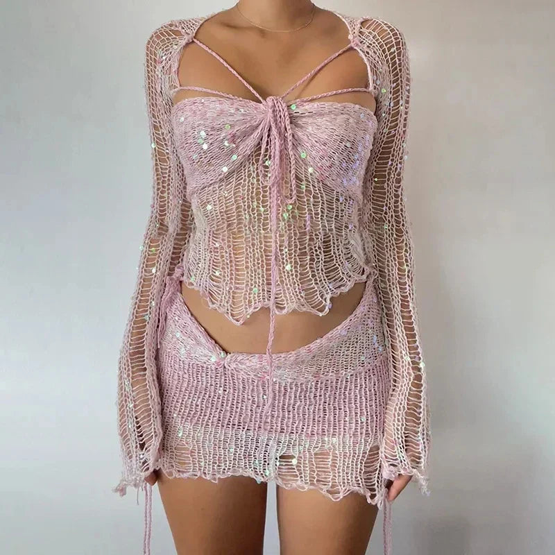 GR Two-piece long-sleeved sequined knit top with neckline and bodycon skirt