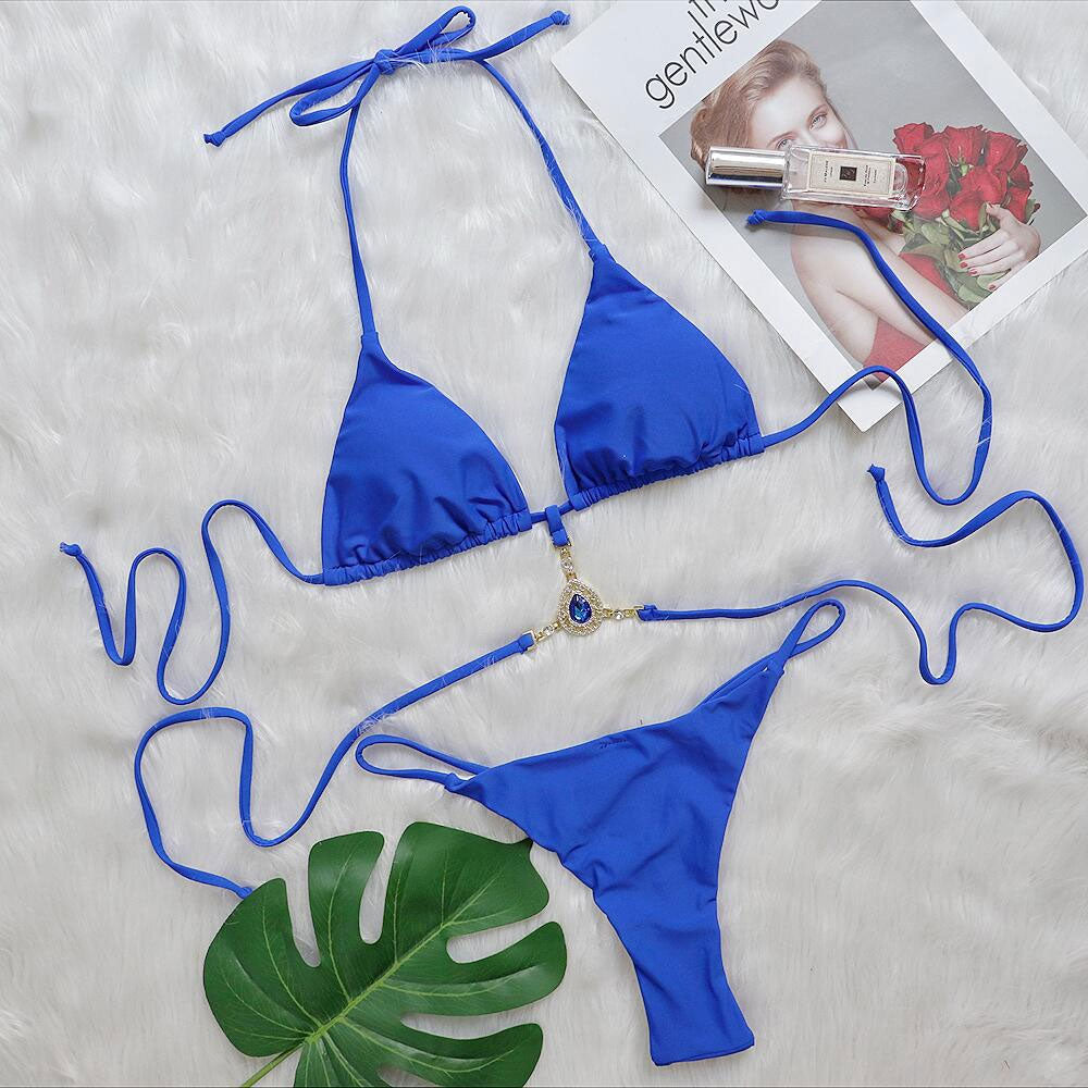 GR | Glitter Crystal String Thong Slide Triangle Brazilian Two Piece Bikini Swimsuit