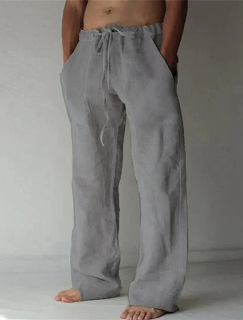 GR | Wide-leg trousers, breathable linen, relaxed fit, drawstring waistband, full length