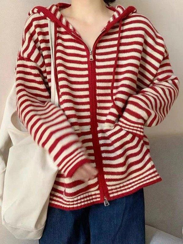 GR | Hooded Striped Long Sleeve Knit Cardigan