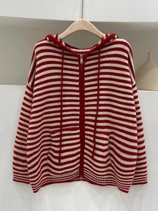 GR | Hooded Striped Long Sleeve Knit Cardigan