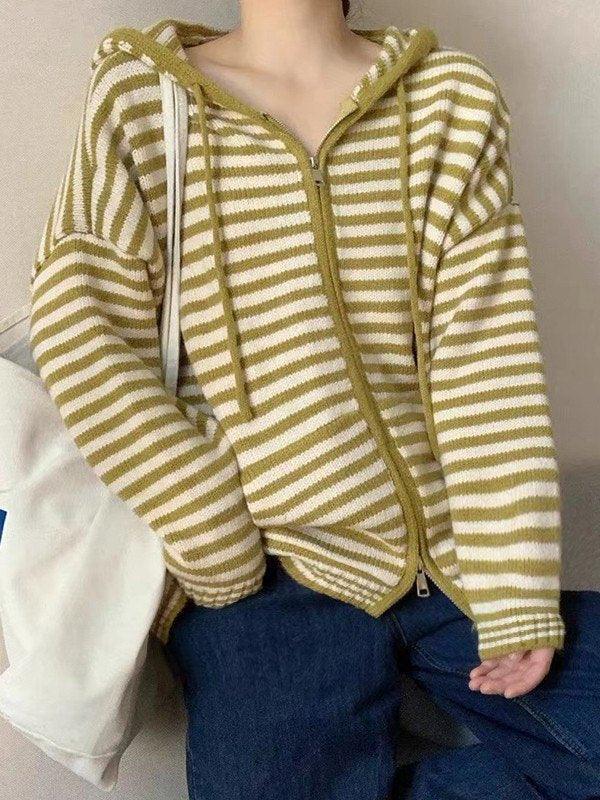 GR | Hooded Striped Long Sleeve Knit Cardigan
