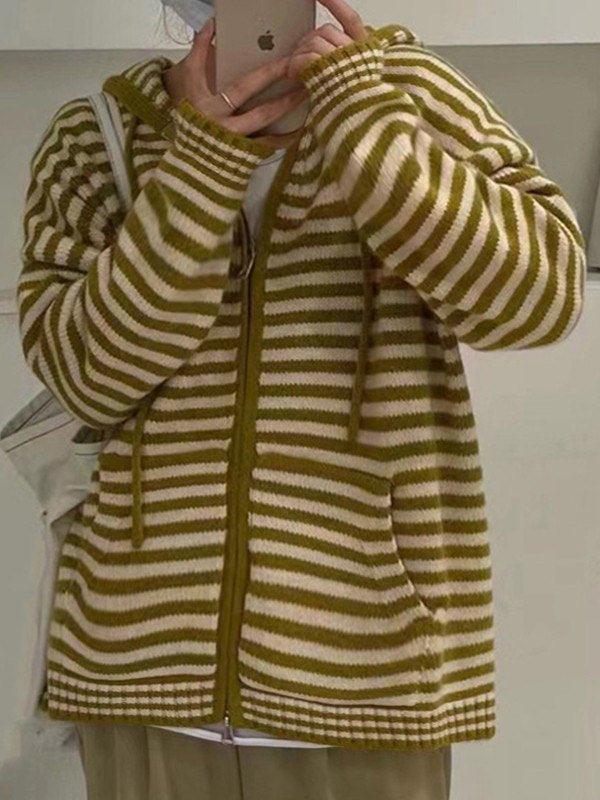 GR | Hooded Striped Long Sleeve Knit Cardigan