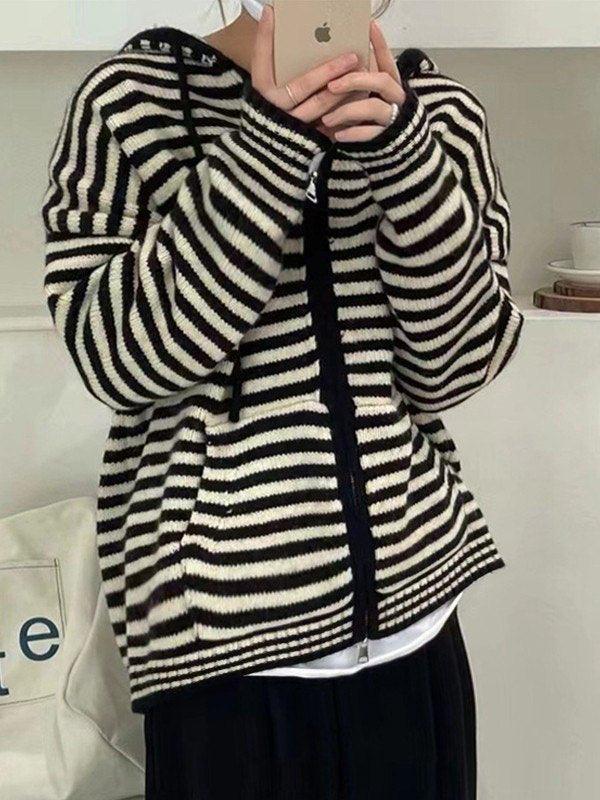 GR | Hooded Striped Long Sleeve Knit Cardigan