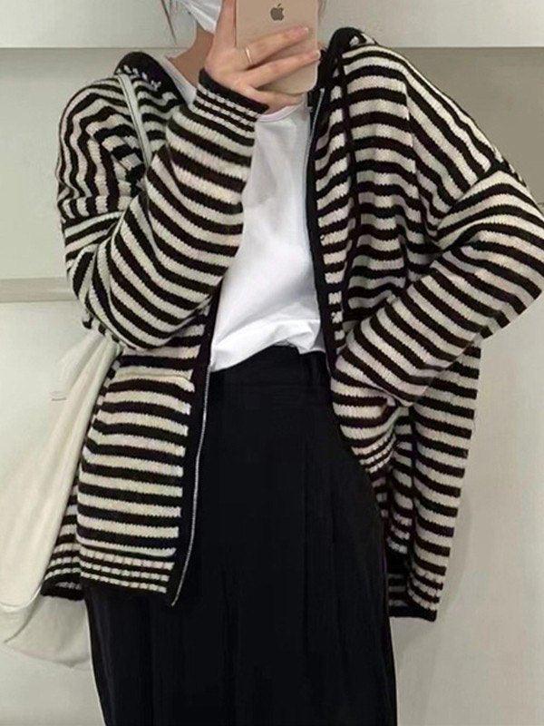GR | Hooded Striped Long Sleeve Knit Cardigan