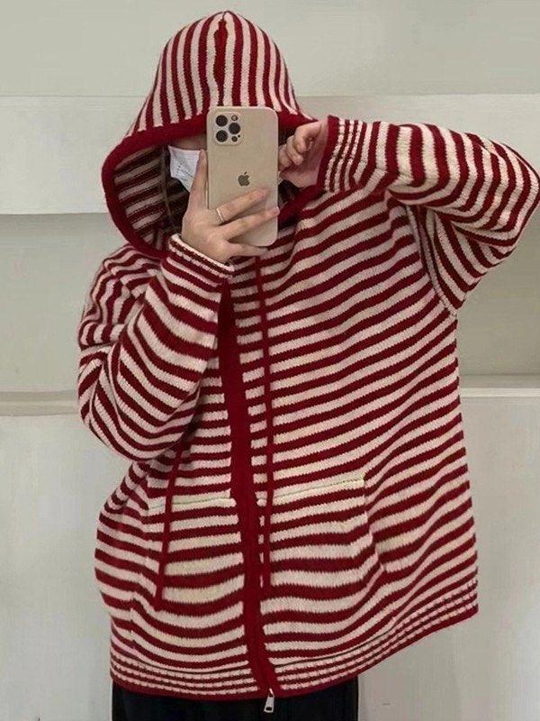 GR | Hooded Striped Long Sleeve Knit Cardigan