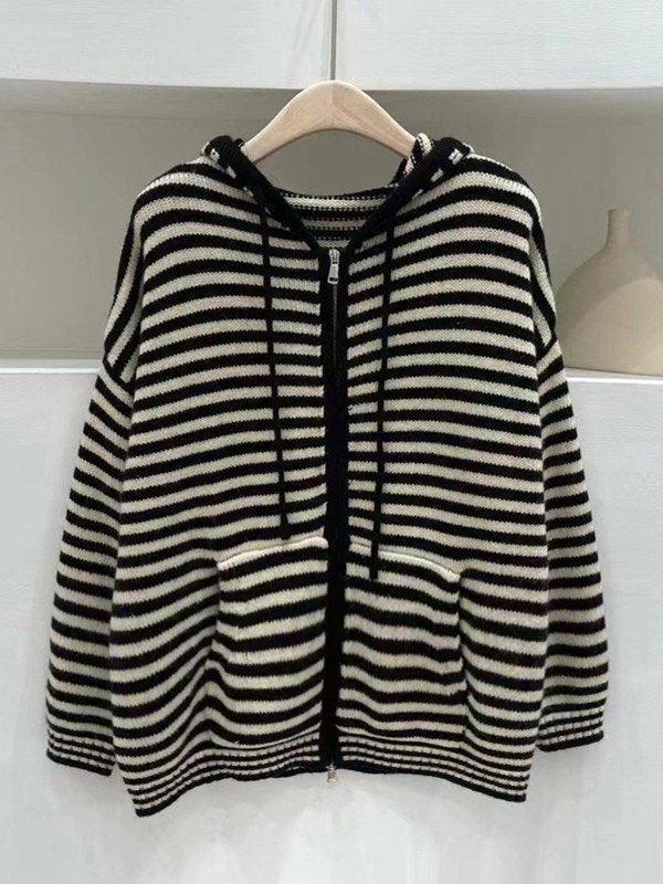 GR | Hooded Striped Long Sleeve Knit Cardigan