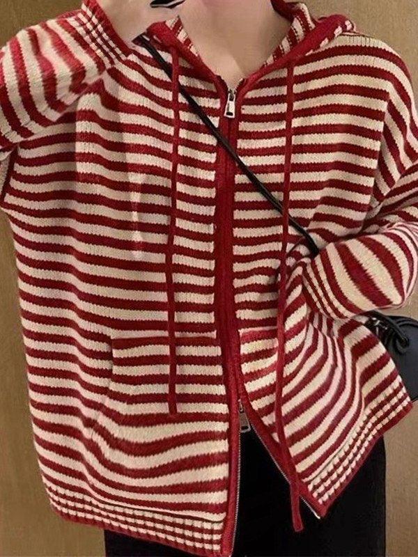 GR | Hooded Striped Long Sleeve Knit Cardigan