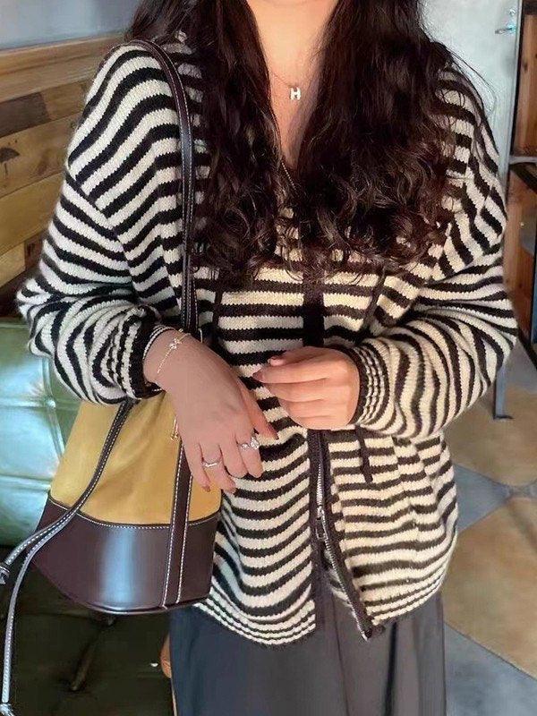 GR | Hooded Striped Long Sleeve Knit Cardigan