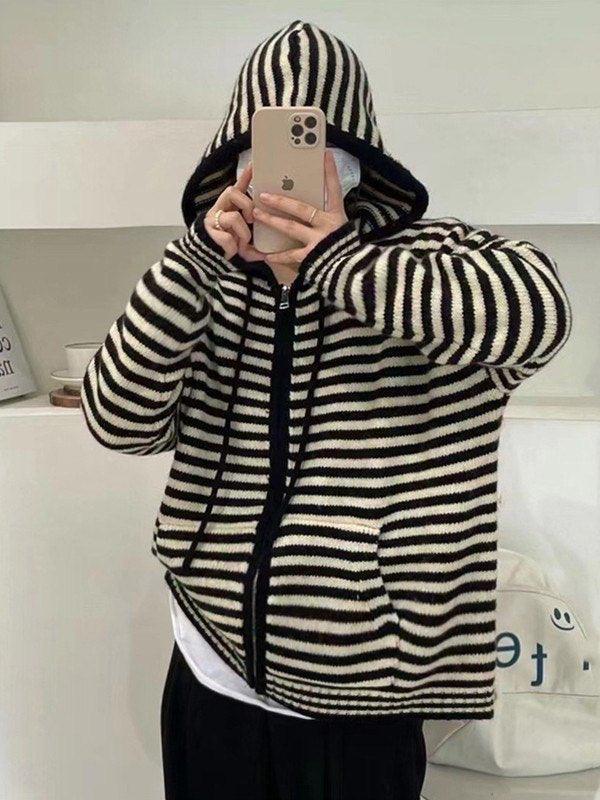GR | Hooded Striped Long Sleeve Knit Cardigan