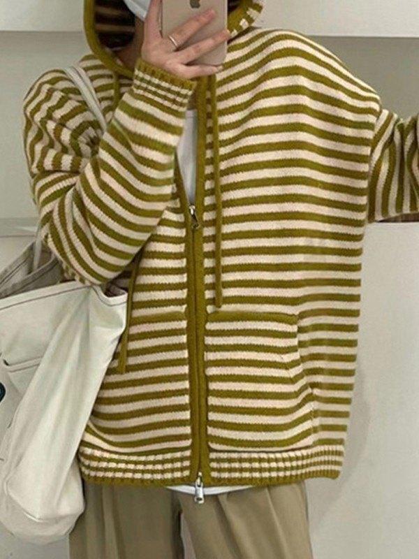 GR | Hooded Striped Long Sleeve Knit Cardigan