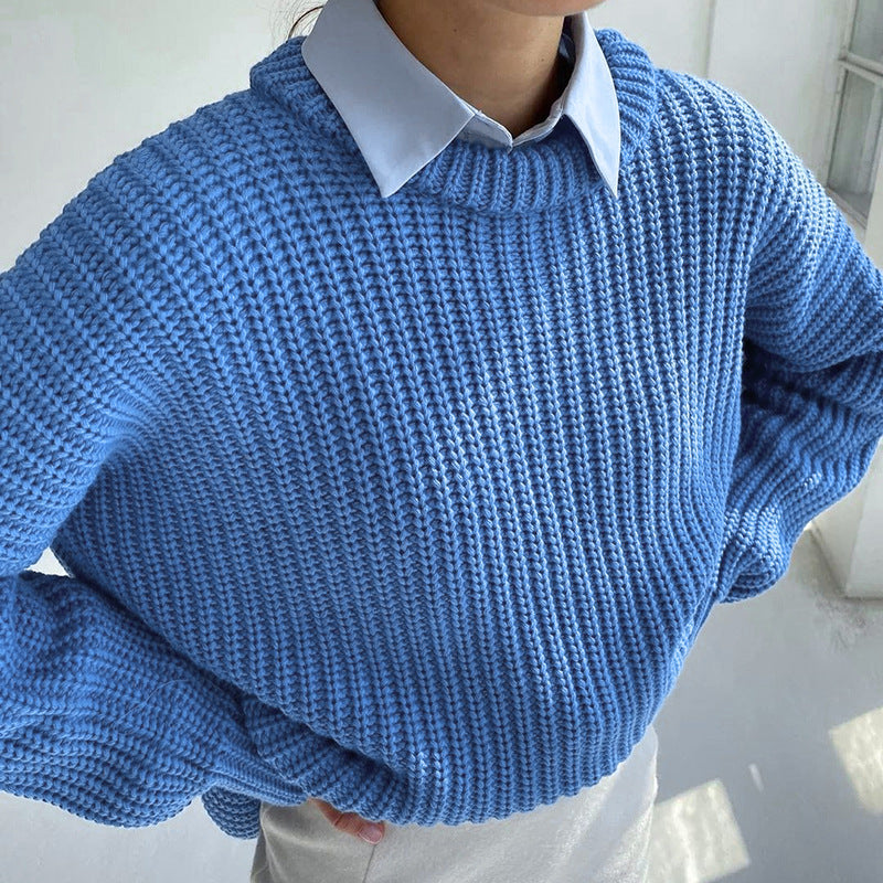 GR – Fashionable solid-color knit sweater with round neck