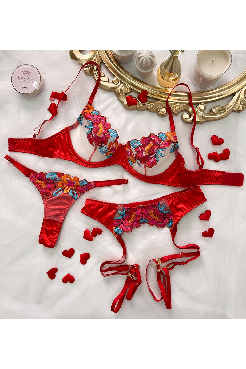 GR | Satin Sheer Floral 3 Piece Lingerie Set