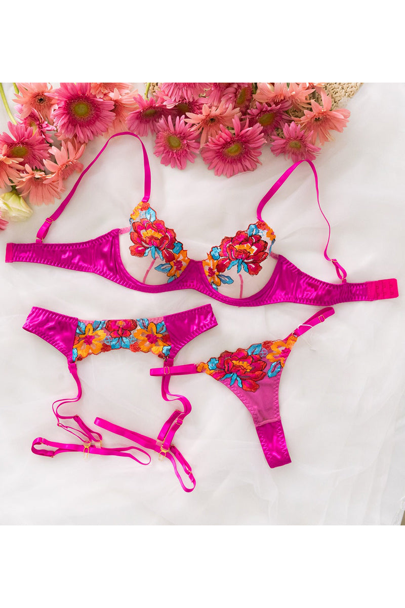 GR | Satin Sheer Floral 3 Piece Lingerie Set