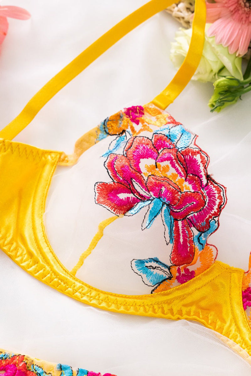 GR | Satin Sheer Floral 3 Piece Lingerie Set