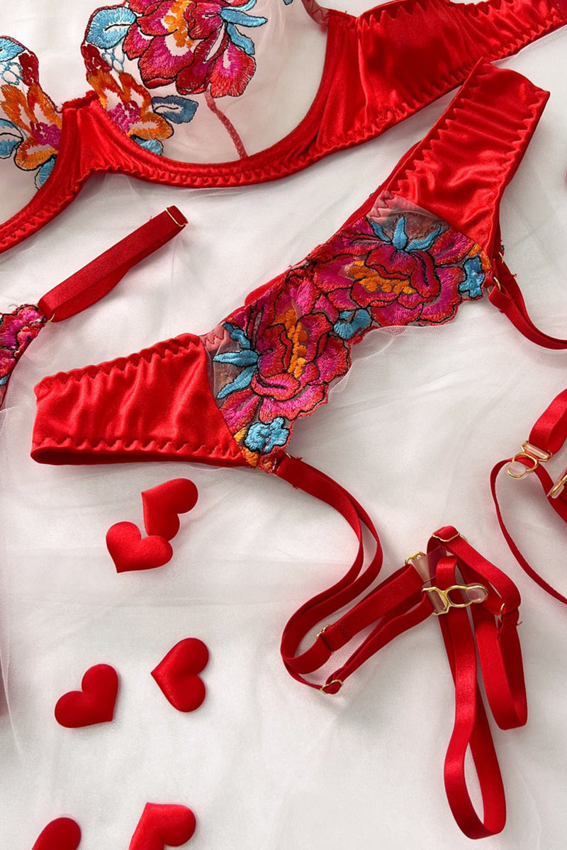 GR | Satin Sheer Floral 3 Piece Lingerie Set