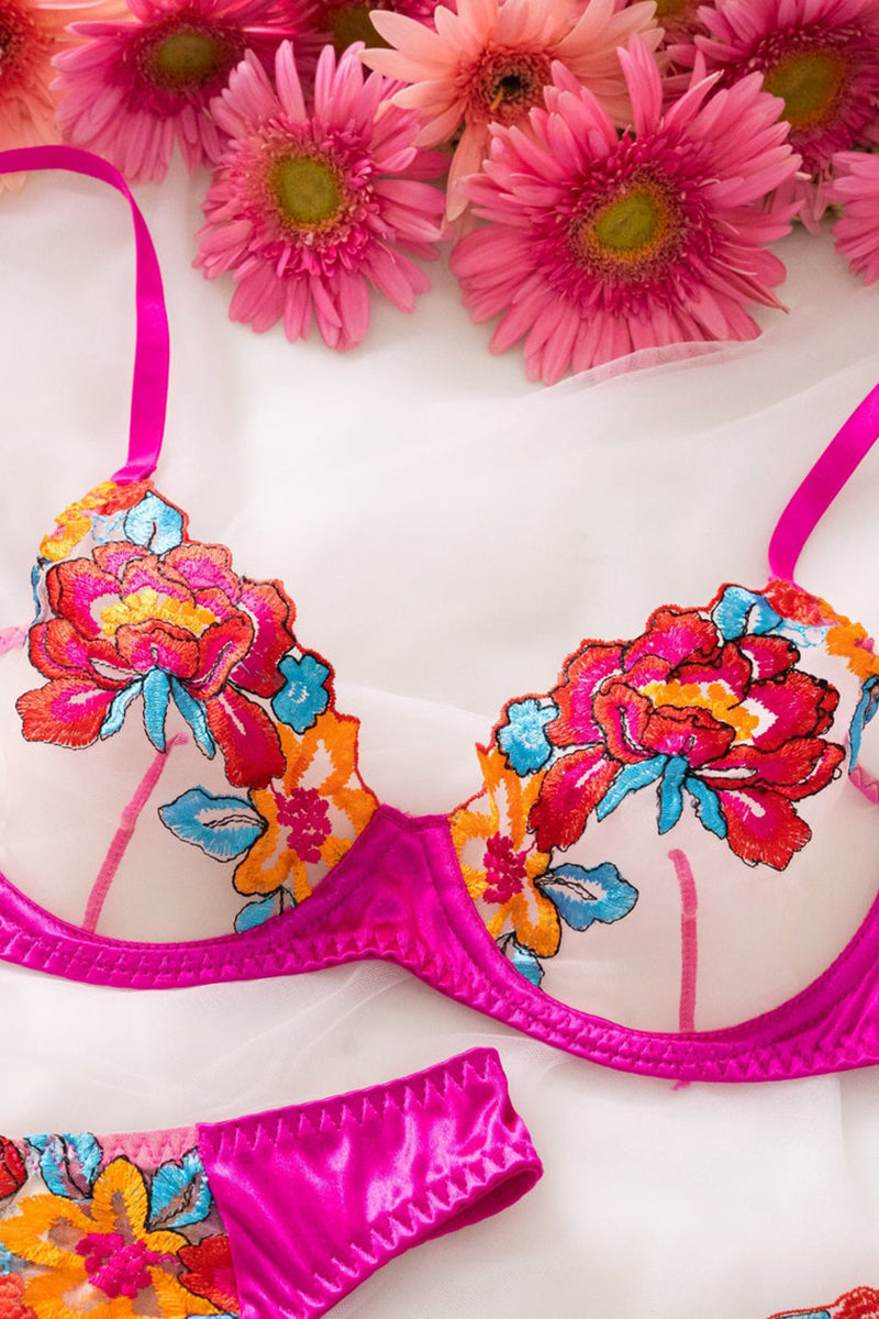 GR | Satin Sheer Floral 3 Piece Lingerie Set