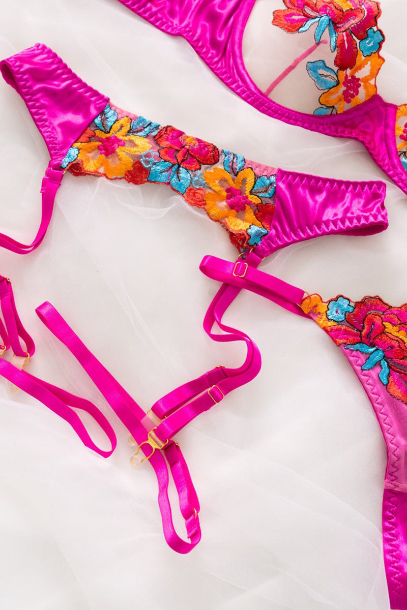 GR | Satin Sheer Floral 3 Piece Lingerie Set