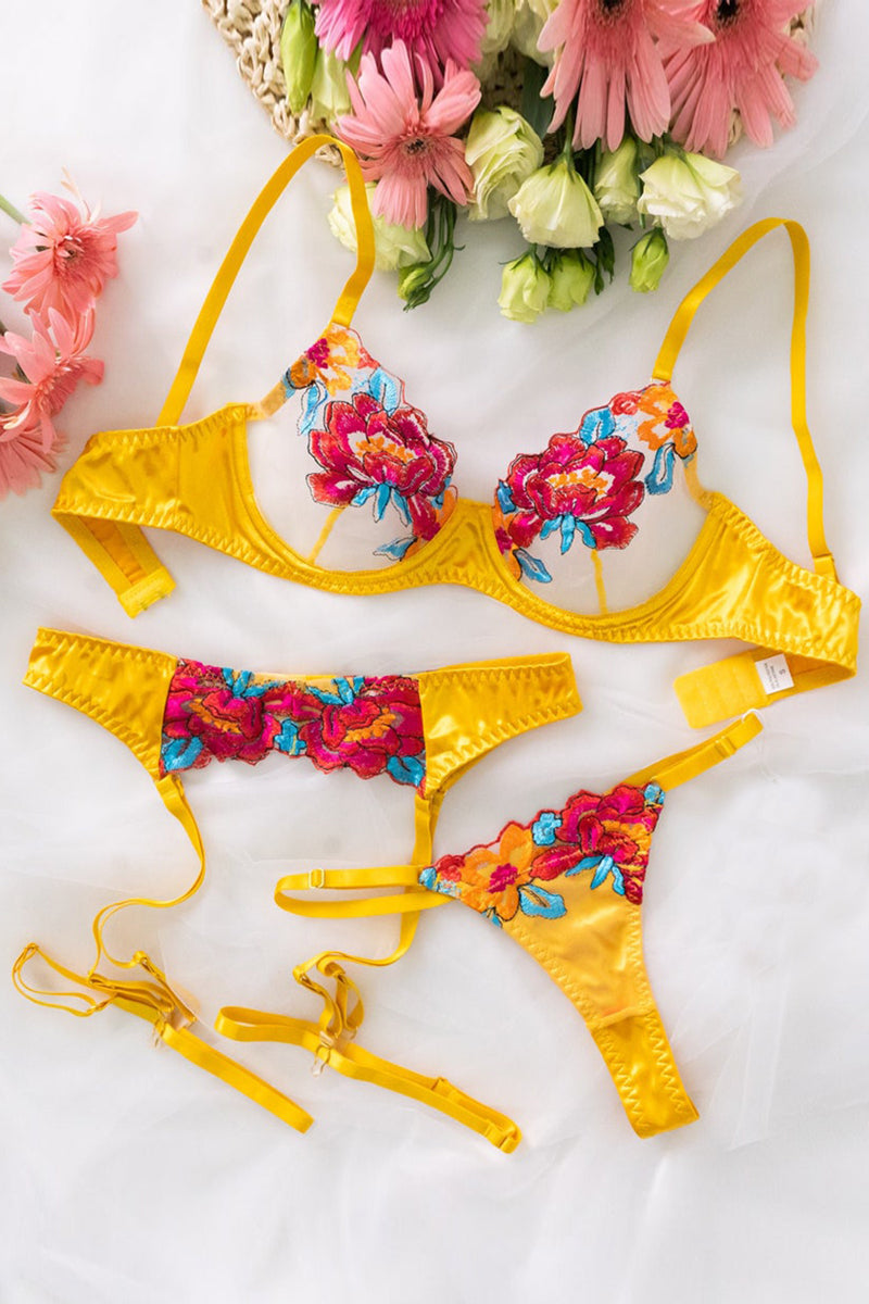 GR | Satin Sheer Floral 3 Piece Lingerie Set