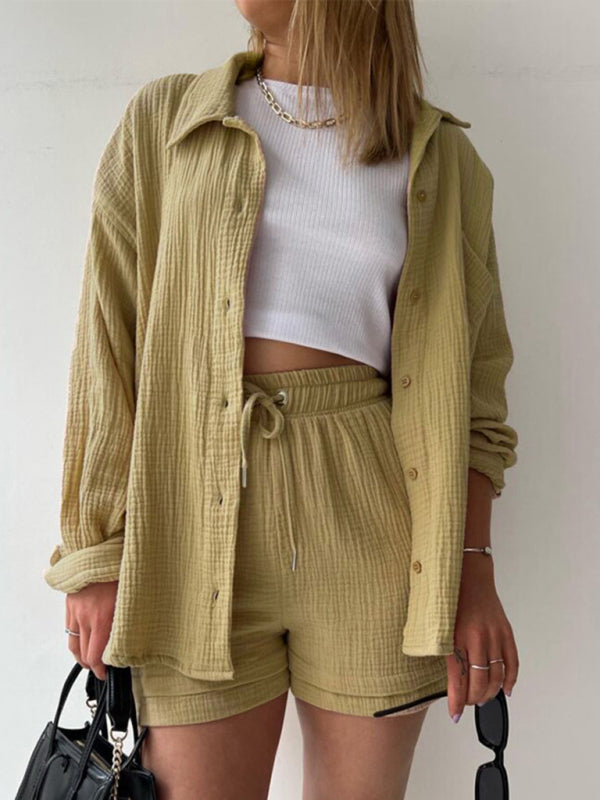 GR | Women's Solid Color Lapel Collar Shirt & Shorts Two-Piece Set 