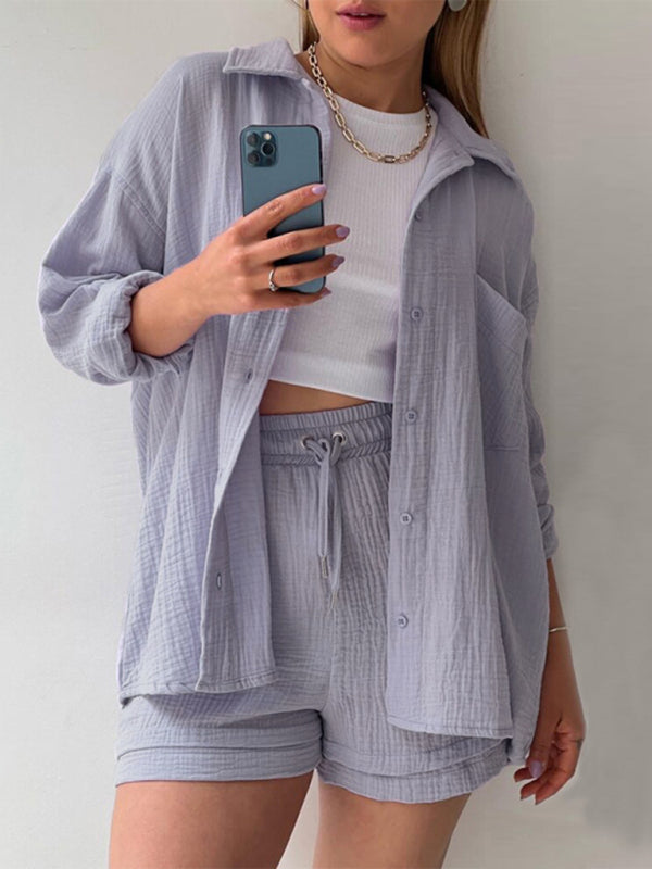 GR | Women's Solid Color Lapel Collar Shirt & Shorts Two-Piece Set 