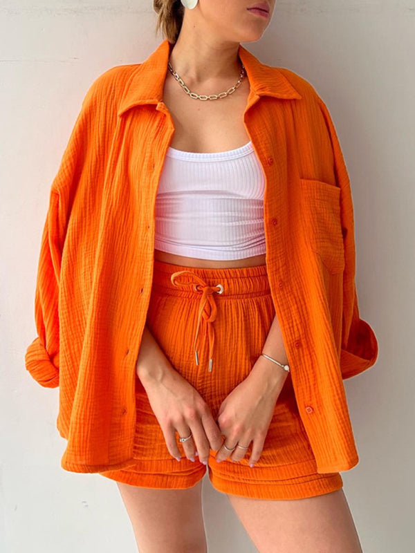 GR | Women's Solid Color Lapel Collar Shirt & Shorts Two-Piece Set 