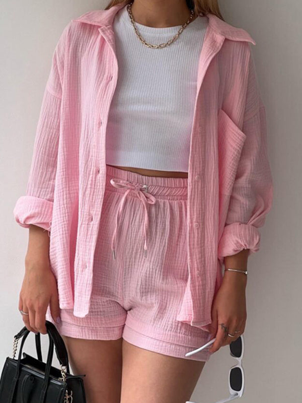 GR | Women's Solid Color Lapel Collar Shirt & Shorts Two-Piece Set 