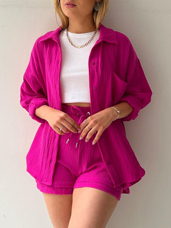 GR | Women's Solid Color Lapel Collar Shirt & Shorts Two-Piece Set 