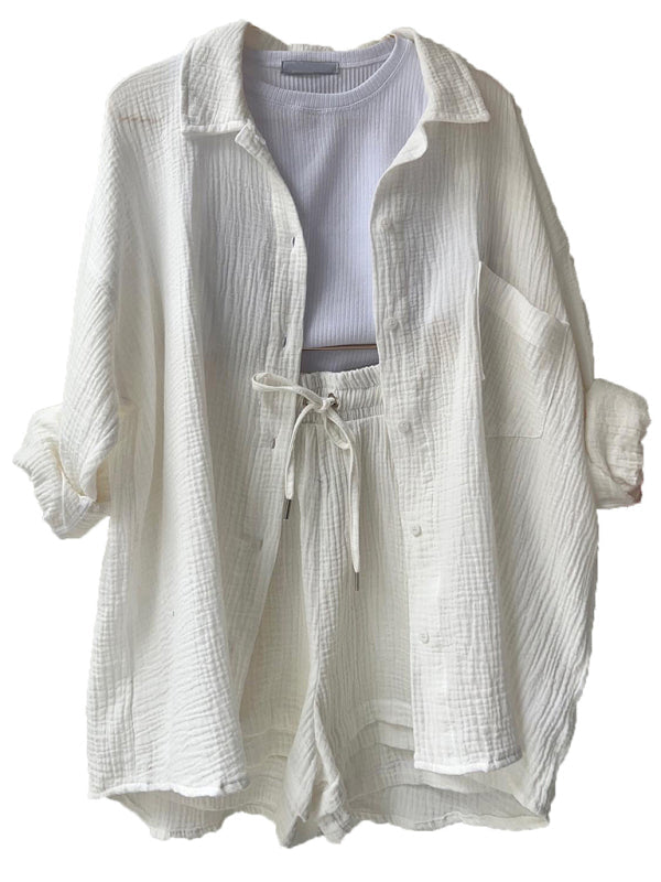 GR | Women's Solid Color Lapel Collar Shirt & Shorts Two-Piece Set 