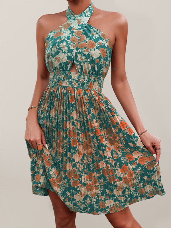 GR | Women's Woven Sexy Halter Neck Backless Floral Dress 