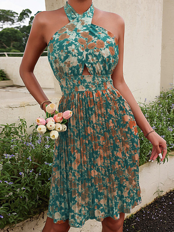 GR | Women's Woven Sexy Halter Neck Backless Floral Dress 