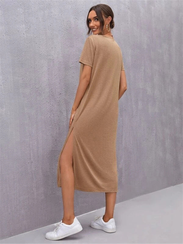GR | Damen Strickkurzarmkleid Rundhals Schlitz Mid Rock