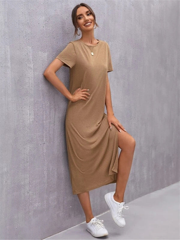 GR | Damen Strickkurzarmkleid Rundhals Schlitz Mid Rock