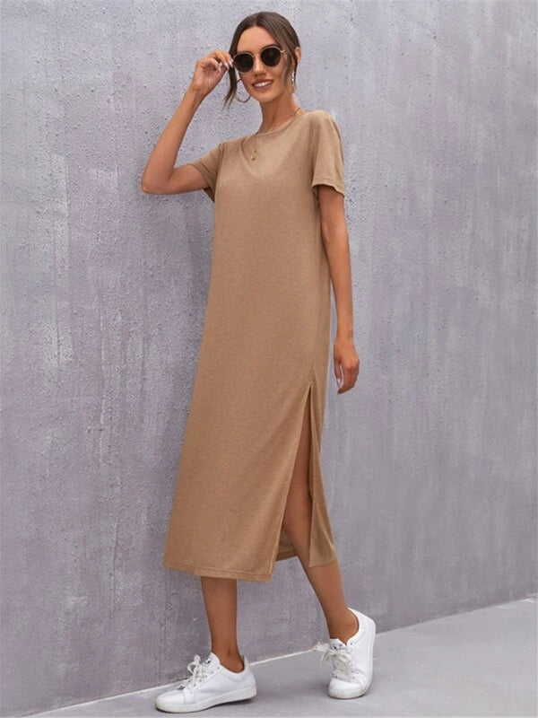 GR | Damen Strickkurzarmkleid Rundhals Schlitz Mid Rock
