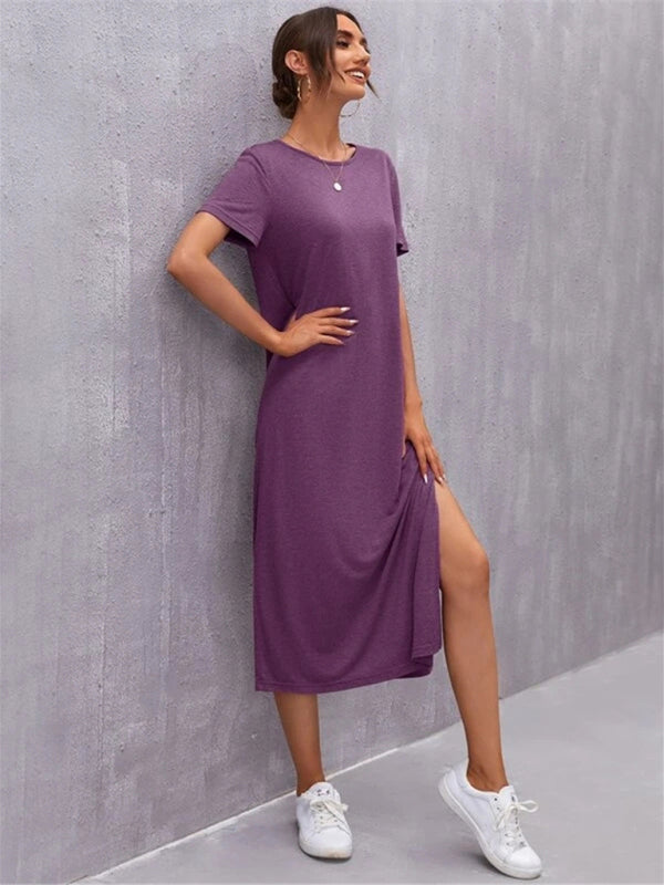 GR | Damen Strickkurzarmkleid Rundhals Schlitz Mid Rock
