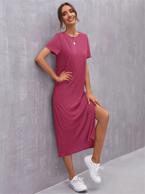 GR | Damen Strickkurzarmkleid Rundhals Schlitz Mid Rock