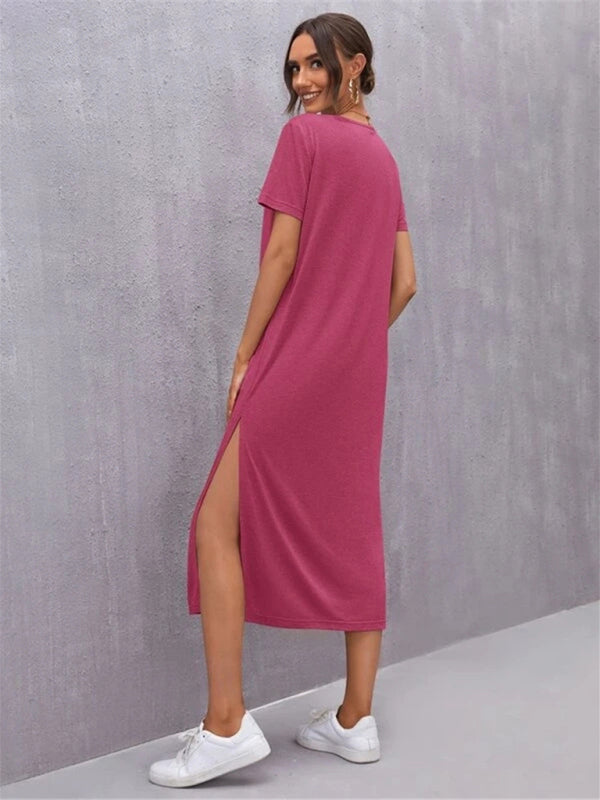 GR | Damen Strickkurzarmkleid Rundhals Schlitz Mid Rock