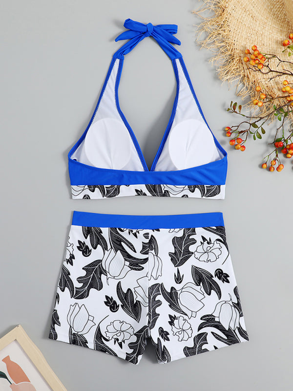 GR | Women's High Waist Boxer Tie Printed Solid Color Panel Bikini 