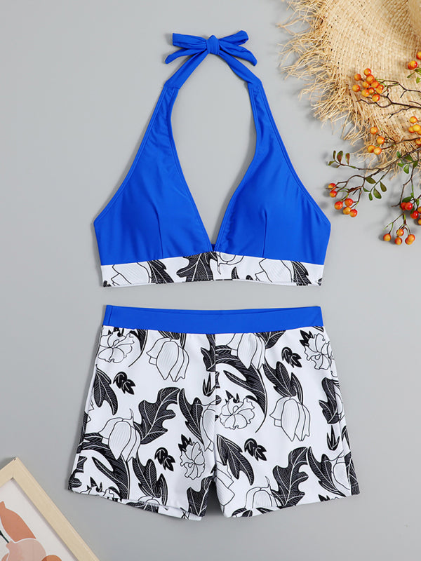 GR | Women's High Waist Boxer Tie Printed Solid Color Panel Bikini 