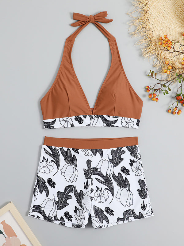 GR | Women's High Waist Boxer Tie Printed Solid Color Panel Bikini 